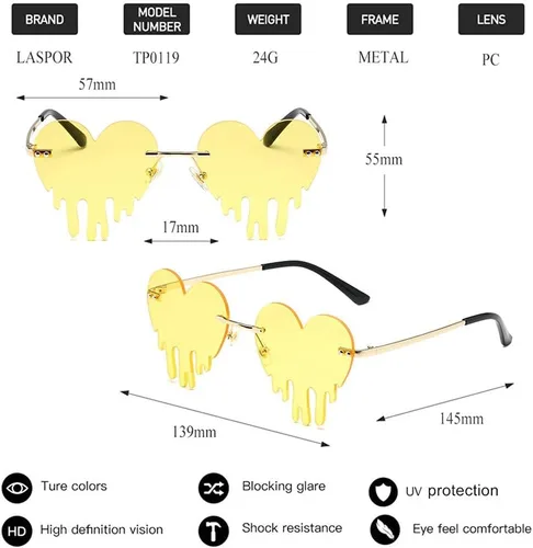 Vista 5 de LASPOR Gafas de sol de corazón derretidor para mujeres y hombres, sin llantas, gafas de fiesta de goteo, de metal dorado, sin marco, gafas de lágrima