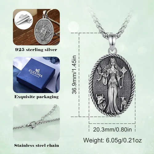 Vista 43 de EUDORA Collar de plata de ley 925 con moneda Hécate, Athena, Perséfono, Nyx, diosa de la luna triple, diosa celta, rueda de Hécate, llave, regalo
