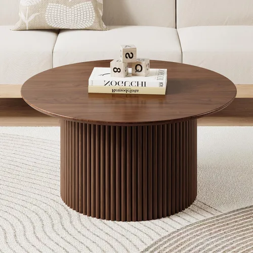 Vista 12 de Mesa de café redonda de 31.5", Mesa de centro moderna con acento acanalado y marco de metal, mesas de café de madera redondas para sala de estar