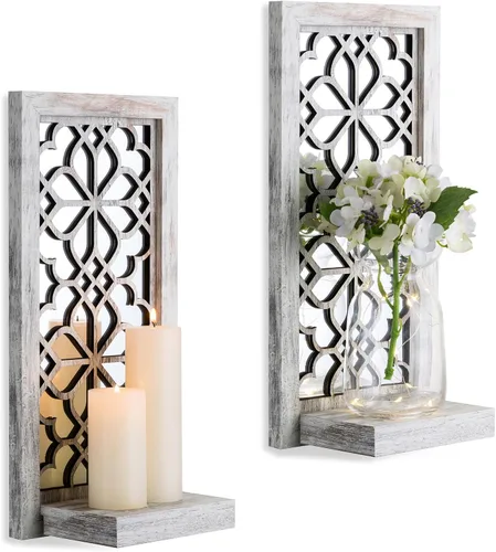Vista 9 de Juego de 2 candelabros de pared con diseño de desplazamiento Portavelas de pared envejecida de madera tallada, sostiene velas de pilar o jarrones