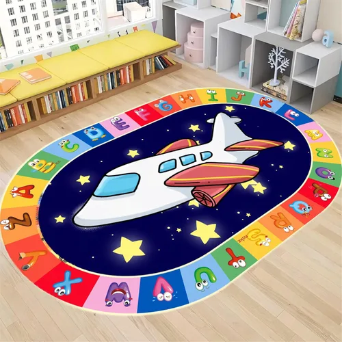 Vista 9 de Tapete de aprendizaje educativo para niños, 3 x 4 pies, tapete decorativo con diseño de planeta y alfabeto ABC, ovalado, grande, antideslizante
