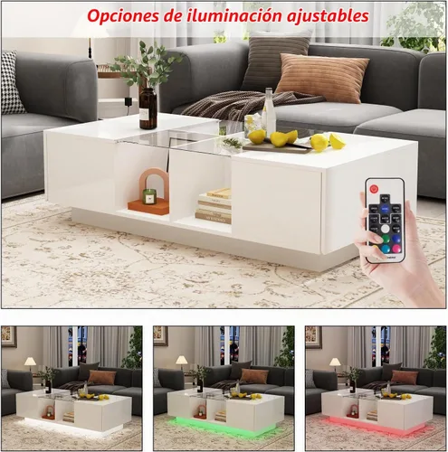 Vista 6 de ECACAD Moderna mesa auxiliar LED con cajones y compartimentos abiertos, mesa central rectangular con parte superior de cristal para sala de estar
