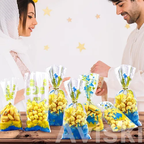 Vista 6 de Aviski 150 bolsas de regalo para fiesta de Eid Mubarak, con temática de Ramadán, bolsas de regalo de celofán de plástico transparente con lazos