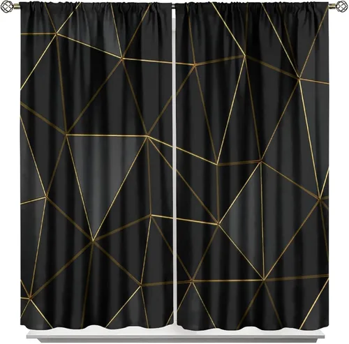 Vista 91 de Cortinas Negras con Dobladillo Dorado, Cortinas Opacas con Bolsillo para Barra con Estampado de Rayas de Foil en Onda Dorada para Decoración de Negro