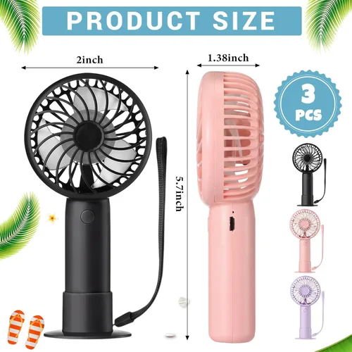 Vista 2 de Tujoe Mini ventilador de mano potente de 3 velocidades, ventilador personal pequeño portátil recargable con base USB para mujeres, maquillaje