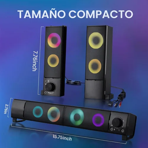 Vista 7 de Altavoces de computadora con cable diseñados para dispositivos de escritorio, sonido claro USB Plug and Play con iluminación RGB Características