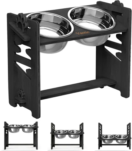 Vista 13 de Cuencos elevados para perros, soporte elevado ajustable para mascotas de tamaño mediano, alimentador de alimentos de bambú resistente con 2 platos