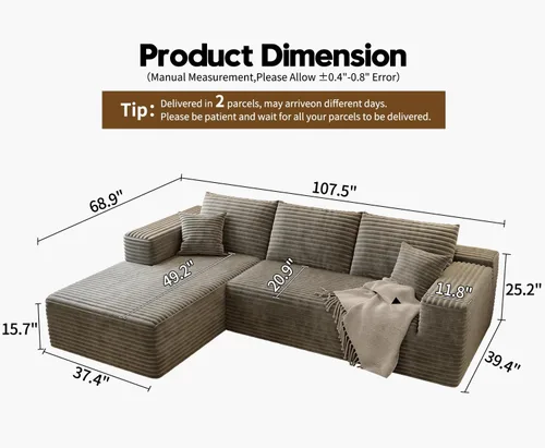 Vista 2 de Sofá seccional Cloud de 107.5 pulgadas con diván en forma de L, sofá modular moderno con asiento profundo, sofás tapizados para sala de estar Camello