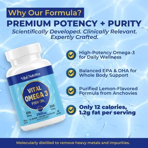 Vista 3 de Vital Omega 3 Suplementos de aceite de pescado de 2400 mg 864 mg de EPA y 576 mg de DHA 1440 mg de ácidos grasos omega-3 totales Promueve