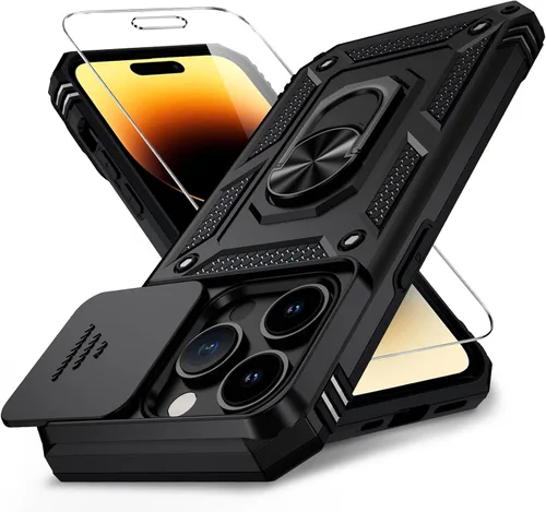 Vista 25 de Funda para iPhone 14 con cubierta para lente de cámara, protector de pantalla HD, protección contra caídas de grado militar de 10 pies, soporte