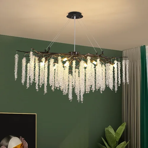 Vista 11 de Candelabro de Cristal Rama de Árbol Dorado Gota de Lluvia Redonda Lámpara Colgante con Borla Luminaria de Techo Colgante para Dormitorio Sala