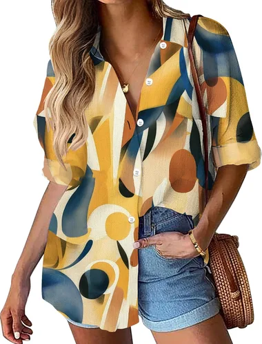 Vista 16 de HOTOUCH Camisa de manga larga con botones de lino para mujer, blusa de algodón casual, holgada, con cuello, para trabajo, de gasa, con bolsillo