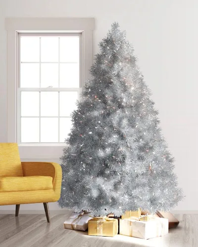 Vista 4 de Treetopia Árbol de Navidad artificial plateado sin luz de 8 pies, árbol de oropel de polvo de estrellas plateado