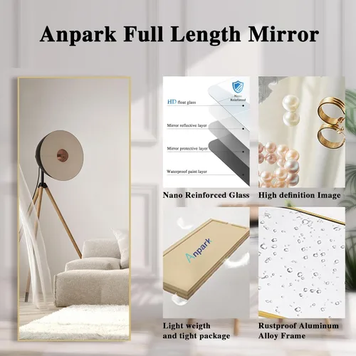 Vista 4 de Anpark Espejo rectangular dorado de longitud completa, sin soporte, de 30 x 71 pulgadas, espejo de piso grande inclinado para dormitorio, espejo
