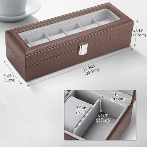 Vista 6 de ProCase Caja de reloj con 6 ranuras para hombre, organizador de relojes de piel sintética, cajas de almacenamiento con tapa de cristal de cristal