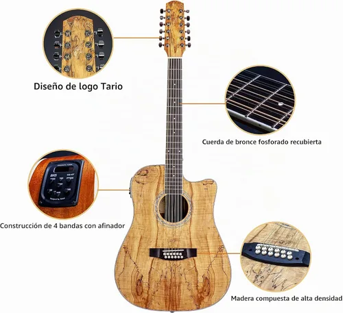 Vista 4 de TARIO 12 Cuerdas Acústica Eléctrica Cutaway Guitarra Spalted Maple Top Caoba Back & sides Okoume Neck