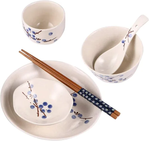 Vista 8 de Hemoton Juego de vajilla japonesa de cerámica de 6 piezas para uso doméstico individual, incluye plato, taza, plato, cuchara, palillos de 7.28