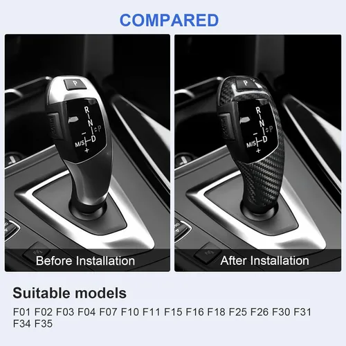 Vista 6 de T-carbon Cubierta protectora de fibra de carbono real para perilla de palanca de cambios compatible con BMW F01 F02 F03 F04 F07 F10 F11 F15 F16 F18