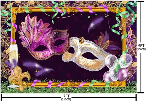 Vista 5 de Telones de fondo de Mardi Gras de 7 x 5 pies para fotografía, decoraciones de fiesta de máscaras, máscaras moradas y blancas, fondo de fotografía