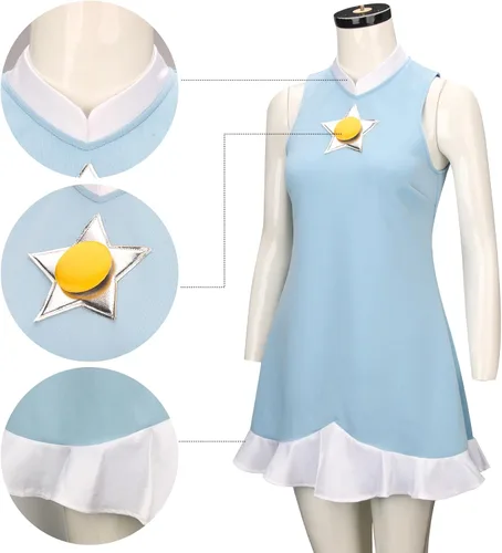 Vista 5 de Tappkice Vestido de princesa Rosalina azul para mujer, disfraz de cosplay con corona, vestido sin mangas, falda, traje deportivo de Halloween