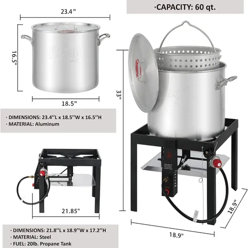 Vista 3 de Feasto Olla para hervir mariscos de 60 cuartos de galón con cesta y quemador, kit de olla y quemador de mariscos de aluminio con salida de 100,000