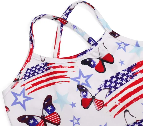 Vista 3 de Vestido de verano para niñas con tirantes delgados, vestido patriótico 4 de julio con la bandera americana