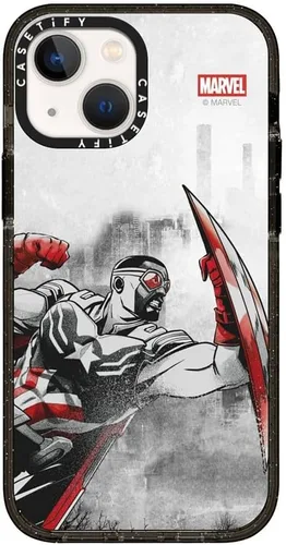 Vista 2 de CASETiFY Impact - Funda para iPhone 13 Mini [Marvel Colab / protección contra caídas de 8.2 pies/Magsafe] - Capitán América VS - Negro transparente
