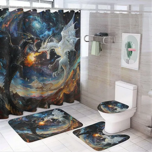 Vista 10 de Juego de 4 cortinas de ducha con diseño de dragón y luna de fantasía, juego de decoración de baño con alfombras, tapete de baño, cortina de ducha