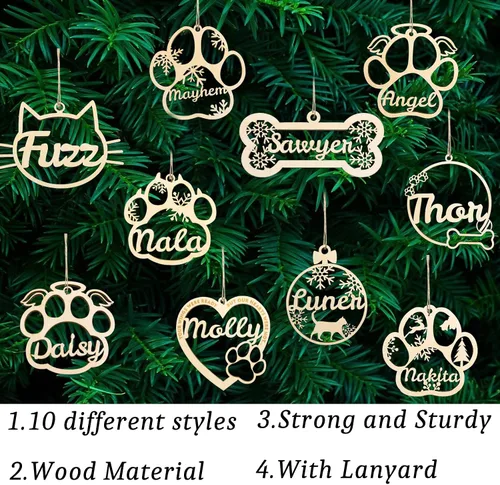 Vista 2 de Adorno personalizado de pata de perro y gato, adorno personalizado con nombre de mascota, adornos de madera personalizados para árbol de Navidad