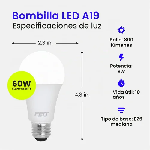 Vista 3 de Feit Electric Bombilla LED A19, equivalente a 60 W, no regulable, 800 lúmenes, base media E26, blanco brillante de 3000 K, CRI 90, vida útil de 10