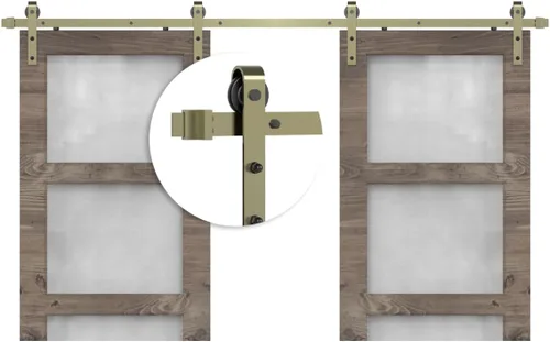 Vista 12 de Kit de herrajes clásicos de latón para puerta corrediza de granero de 5 pies para puerta interior, paquete de oro cepillado con mecanismo de cierre