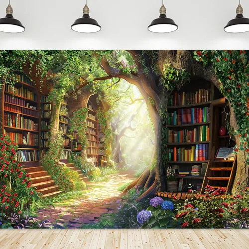 Vista 9 de Riyidecor Fondo de Biblioteca de Hadas Tela de Poliéster Estantería Árbol Encantado Bosque 5 Pies de Ancho x 3 de Alto Verde Jardín Libro Planta
