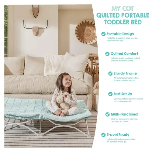 Vista 7 de Regalo My Cot® Cama portátil para niños pequeños con sábana bajera, cama plegable de viaje para niños y cuna de campamento, incluye sábana acolchada