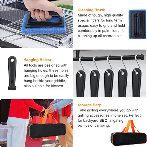 Vista 5 de Blackstone Kit de accesorios para parrilla, 16 piezas de accesorios de parrilla plana para Blackstone y chef de campamento con espátula, raspador