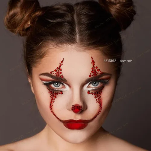 Vista 4 de 1 pieza de gemas faciales para Halloween, Día de los Muertos, tatuajes temporales de calavera con diamantes de imitación, piedras de cristal, gemas