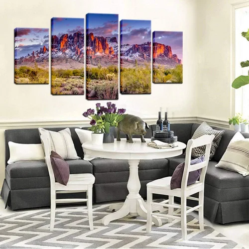 Vista 3 de Biuteawal - Superstición Montañas Puesta de sol Arizona Arte de pared occidental desierto cactus paisaje, pinturas de lienzo, imágenes