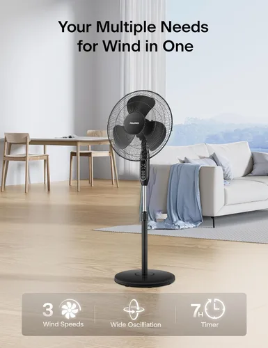 Vista 2 de PELONIS Ventilador de pedestal de 16 pulgadas para dormitorio, control remoto, ventilador de pie con temporizador de 7 horas, oscilación de 90°, 3