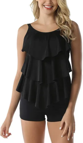 Vista 2 de Septangle - Traje de baño tankini de 2 piezas para mujer, diseño con volados y culotte
