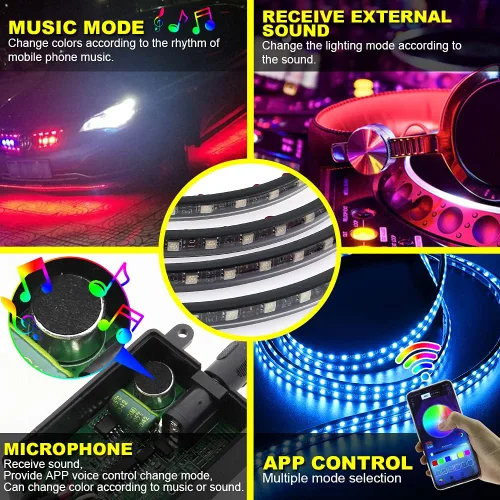 Vista 4 de Juego de 4 tiras de luces LED, lámpara de chasis de automóvil con control de aplicación, luces subterráneas RGB multicolor, 12 V, impermeable