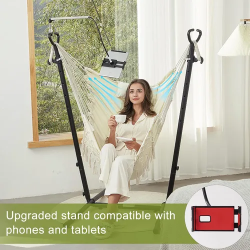 Vista 7 de Hamaca con soporte incluido con soporte para teléfono, silla doble colgante, macramé, estilo boho, hecha a mano, columpio ajustable para interiores