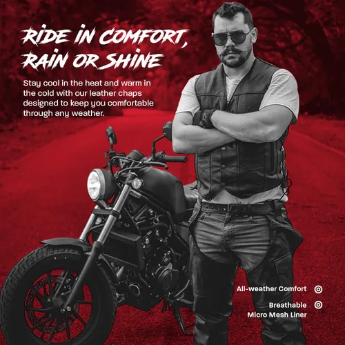 Vista 4 de HWK Chaparreras de cuero para motocicleta para hombres y mujeres, chaparreras negras para protección contra raspaduras en la carretera y comodidad