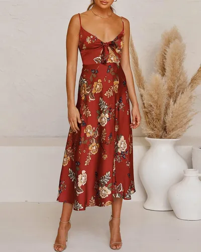 Vista 3 de Fashionme - Vestidos de satén, longitud por debajo de la rodilla, con tirantes delgados, para mujer, con lazo frontal, espalda descubierta