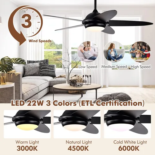 Vista 5 de GOFLAME Ventilador de techo de 52 pulgadas con luces, ventilador de techo reversible moderno con 3 velocidades de viento, control remoto