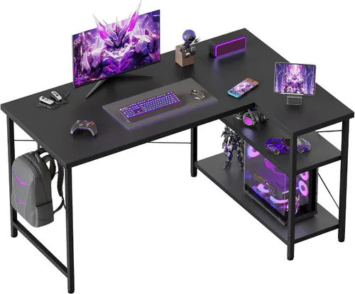 Vista 18 de Mericonia Escritorio pequeño en forma de L para computadora con tomas de corriente, escritorio de juegos para espacios pequeños, escritorio
