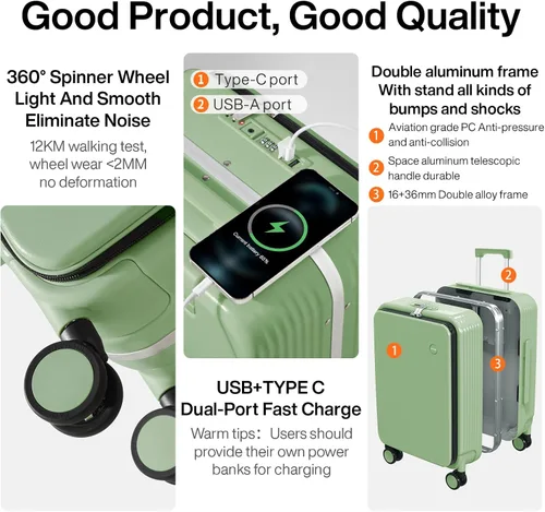 Vista 5 de mixi Equipaje PC Hardside Rolling maleta con rueda giratoria, cerradura TSA, soporte para teléfono y vaso, Verde aguacate