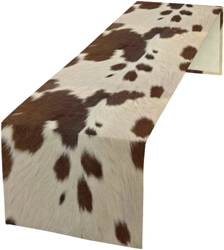 Vista 60 de Camino de mesa con estampado de piel de vaca, lino y algodón, rústico, estilo occidental, color negro, marrón, piel de vaca, para decoración