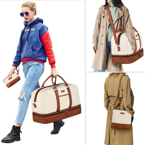 Vista 2 de Bolsa de viaje de lona grande para mujer bolsa de viaje de lona con compartimento para zapatos de 21 pulgadas para mujeres y hombres juego de 3