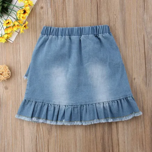Vista 6 de Minifalda de mezclilla para niños y niñas pequeñas, vestido corto con volantes
