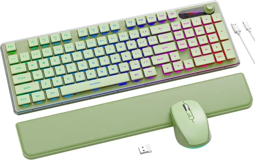 Vista 23 de Combo de teclado y mouse inalámbricos, teclado retro con teclas redondas, teclado estilo máquina de escribir de tamaño completo con reposamuñecas
