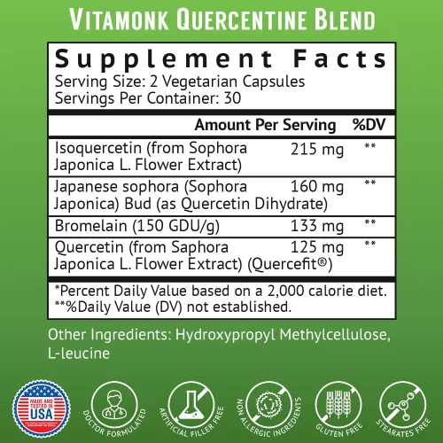 Vista 8 de VitaMonk Complejo de quercetina - 3 formas bioactivas - fitosoma de isoquercetina y quercetina con bromelina - Apoyo del sistema inmunológico